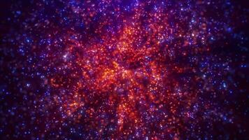 Abstract background of magic particles in blue and orange, particles glow and move with wave energy, beautiful nebula, fairy dust, seamless loop, 4K video