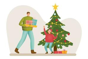 Family holiday at home. Man carries Xmas gifts to decorated Christmas tree, joyful girl greets him. Father and daughter preparing for winter holidays vector