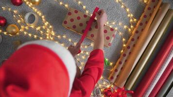 festivo umore avvolto Da donna mani pagare Attenzione per vestito i regali nel luminosa carta, svolta loro in divertimento sorprese. il Natale Magia di i regali di un' donna con ghiaccio pattinando giocattoli fa sua Natale video