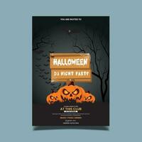 Halloween night background with pumpkin, haunted house and full moon. Flyer or invitation template for Halloween party. Vector illustration.