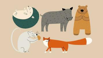 Set of wild animals. Boar, fox, hedgehog, bear, mouse. Hand draw illustration vector