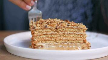 Person use fork eating a caramel cake on cafe video