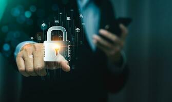 Cyber security concept, Lock icon and internet network security technology. screen padlock and encryption, develop software of data protection reduce the vulnerability in their network, technology photo