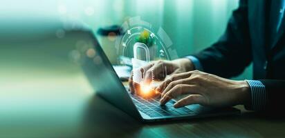 Cyber security concept, Lock icon and internet network security technology. screen padlock and encryption, develop software of data protection reduce the vulnerability in their network, technology photo