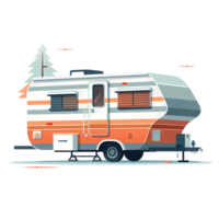 Ai generated rv trailer on a flat surface with trees and rocks png