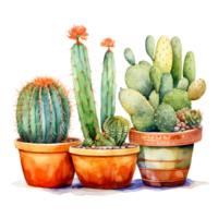 Ai generated watercolor cactus plants in pots on a white background png