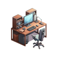 Ai generated isometric office desk with computer monitor, keyboard, mouse and monitor png