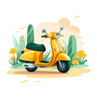 Ai generated yellow scooter with a box on the back, with trees and a road png