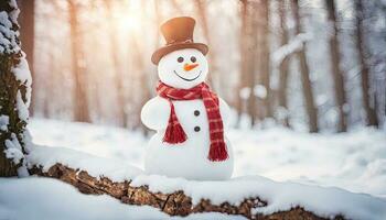 Winter holiday christmas background banner - Closeup of cute funny laughing snowman with wool hat and scarf, on snowy snow snowscape with bokeh lights, Generative Ai photo