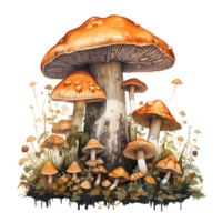 Ai generated mushrooms on a tree stump with leaves and flowers png