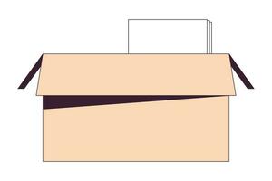 abierto cartulina caja con documentos 2d lineal dibujos animados objeto. embalaje paquete o empaquetar con papeleo aislado línea vector elemento blanco antecedentes. embalaje documentación color plano Mancha ilustración