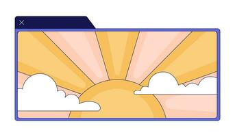 Application window sunrise morning 2D linear cartoon object. Sunrays clouds player video isolated line vector element white background. Golden hour sky media streaming color flat spot illustration