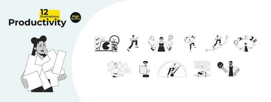 Productivity employees black and white 2D illustration concepts bundle. Productive people cartoon outline characters isolated on white. Performance high metaphor monochrome vector art collection