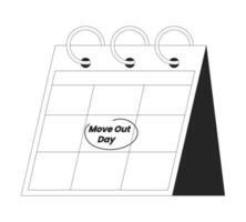 Moving out day on calendar page flip black and white 2D line cartoon object. Deadline reminder circling calender isolated vector outline item. Relocation moving monochromatic flat spot illustration