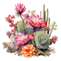 ai genererad kaktus och blommor på transparent bakgrund png