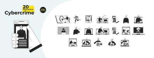 Cybercrime black and white 2D illustration concepts bundle. Cyber fraud, hacker malware cartoon outline characters isolated on white. Stealing computer crime metaphor monochrome vector art collection