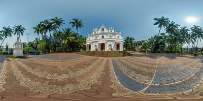 full hdri 360 panorama of portugal catholic church in jungle among palm trees in Indian tropic village in equirectangular projection with zenith and nadir. VR AR content photo