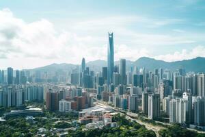 panorámico ver de el ciudad de Shenzhen, China, el horizonte de futiano cbd financiero distrito en shenzhen lleno ciudad ver con alto edificios blanco fondo, ai generado foto