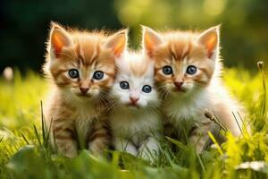 linda pequeño gatitos en el césped en un soleado verano día, Tres gatitos en un cesta en un verde césped antecedentes. de cerca, ai generado foto