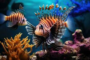 Lionfish in the aquarium. Tropical fish in the water, Tropical fish in the aquarium. Underwater world. Marine life, AI Generated photo