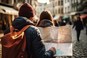 Couple of tourists with map on the streets of the city, Tourists checking on a map, top section cropped, no visible faces, front view, AI Generated photo