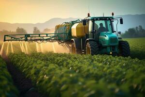 tractor pulverización pesticidas en haba de soja campo con rociador a primavera, tractor pulverización pesticidas fertilizante en haba de soja cultivos granja campo en primavera noche. inteligente agricultura, ai generado foto