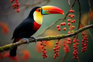 vistoso tucan pájaro en un rama con rojo bayas, tucán pájaro en un rama con rojo bayas en el bosque, ai generado foto
