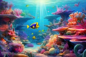 Underwater scene with coral reef and fish. 3d illustration, Tropical coral reefs and marine life with colorful fishes, AI Generated photo