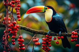 tucán sentado en un rama con rojo bayas en el bosque, tucán pájaro en un rama con rojo bayas en el bosque, ai generado foto