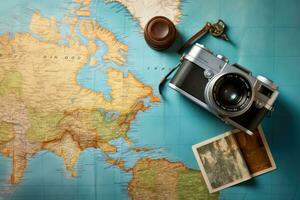 Vintage camera and old map of the world. Travel concept, Top view travel concept with retro camera films, map and passport on blue background with copy space, AI Generated photo