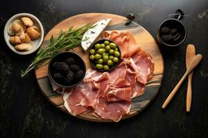 Antipasto with prosciutto, ham, cheese and olives, top view of black marble cutting board with olives in bowls, breadsticks, prosciutto, AI Generated photo