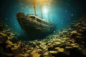 Sunken ship in the sea. Underwater world. 3d rendering, Titanic shipwreck lying silently on the ocean floor. The image showcases the immense scale of the shipwreck, with its fragmented, AI Generated photo