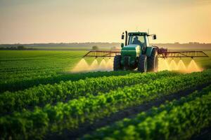 tractor pulverización pesticidas en haba de soja campo con rociador a primavera, tractor pulverización pesticidas fertilizante en haba de soja cultivos granja campo en primavera noche. inteligente agricultura, ai generado foto