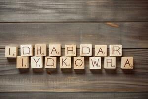 DIHAL DAY ILLUSTRATION, words on wooden cubes, Top view labor day letters alphabet wooden cubes on wooden background, AI Generated photo