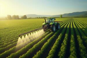 tractor pulverización pesticidas en haba de soja campo con rociador a primavera, tractor pulverización pesticidas fertilizante en haba de soja cultivos granja campo en primavera noche. inteligente agricultura, ai generado foto