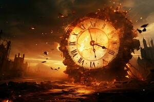 Conceptual image of big clock burning in fire. Time concept, Time getting destroyed, AI Generated photo