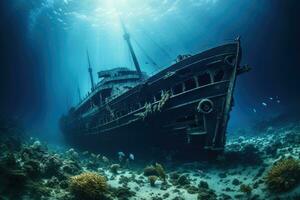 A view of the wreck of a sunken ship in the Red Sea, Titanic shipwreck lying silently on the ocean floor. The image showcases the immense scale of the shipwreck, AI Generated photo