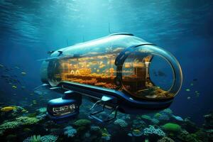 Underwater world. Futuristic underwater world. 3D rendering, The submarine of the future will be underwater next to coral reefs and fish, 6k ultra HD, AI Generated photo