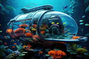 submarino mundo. submarino mundo con corales y tropical pez, el submarino de el futuro será ser submarino siguiente a coral arrecifes y pez, 6k ultra alta definición, ai generado foto