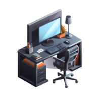 Ai generated isometric office desk with computer monitor, keyboard, mouse and monitor png