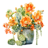 Ai generated watercolor painting of flowers and cactus plants png