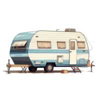 Ai generated rv trailer on a flat surface with trees and rocks png