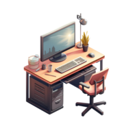 Ai generated isometric office desk with computer monitor, keyboard, mouse and monitor png