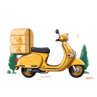 Ai generated yellow scooter with a box on the back, with trees and a road png