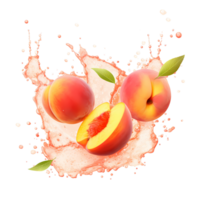 Ai generated peach fruit with splash and leaves on transparent background png
