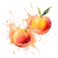 Ai generated peach fruit with splash and leaves on transparent background png