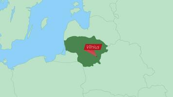 mapa de Lituania con alfiler de país capital. vector