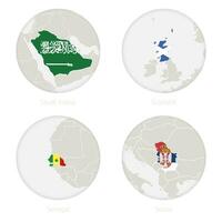 saudi arabia, Escocia, Senegal, serbia mapa contorno y nacional bandera en un círculo. vector