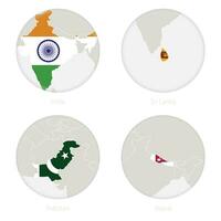 India, sri lanca, Pakistán, Nepal mapa contorno y nacional bandera en un círculo. vector