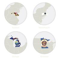 Maryland, Massachusetts, Michigan, Minnesota US states map contour and national flag in a circle. vector